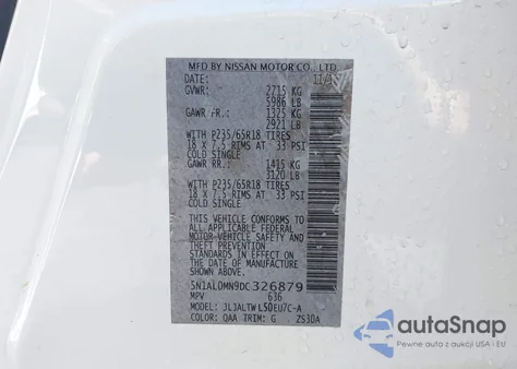 2013 Infiniti Jx35 from USA, damaged, VIN 5N1AL0MN9DC326879